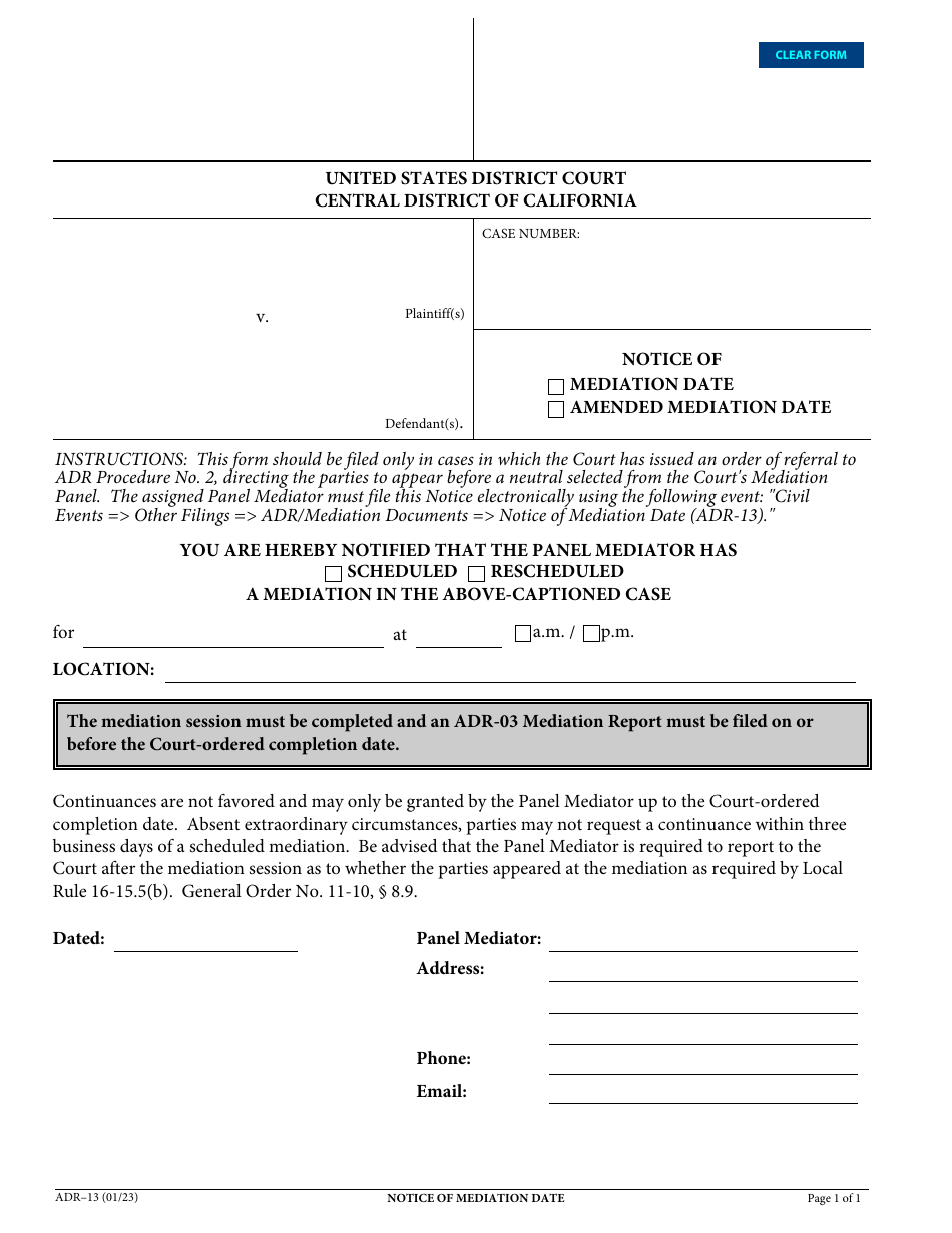 Form ADR-13 Notice of Mediation Date / Amended Mediation Date - California, Page 1