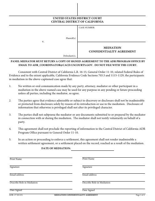 Form ADR-17 Mediation Confidentiality Agreement - California