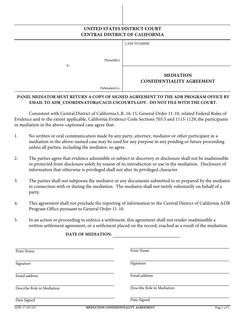 Form ADR-17 Mediation Confidentiality Agreement - California, Page 1