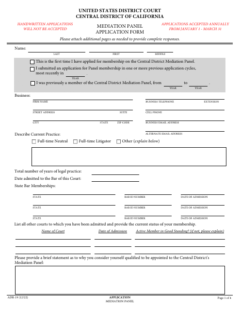 Form ADR-19 Mediation Panel Application Form - California