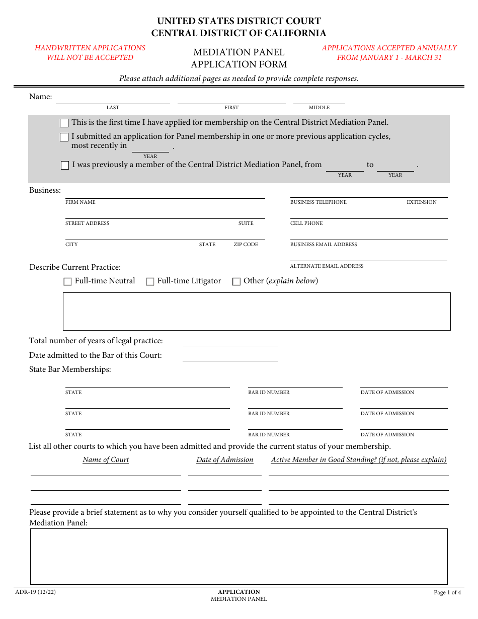 Form ADR-19 Mediation Panel Application Form - California, Page 1