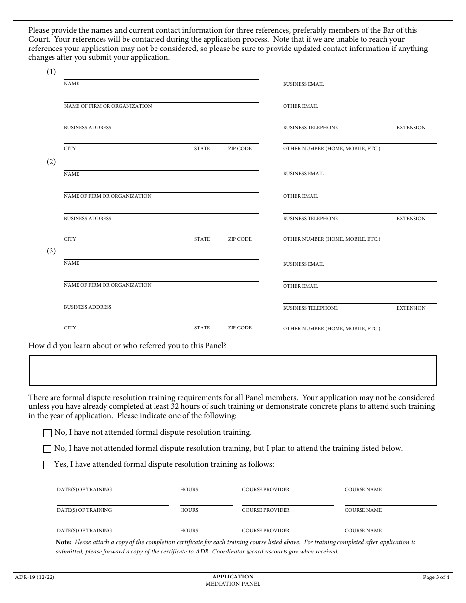 Form ADR-19 Mediation Panel Application Form - California, Page 3