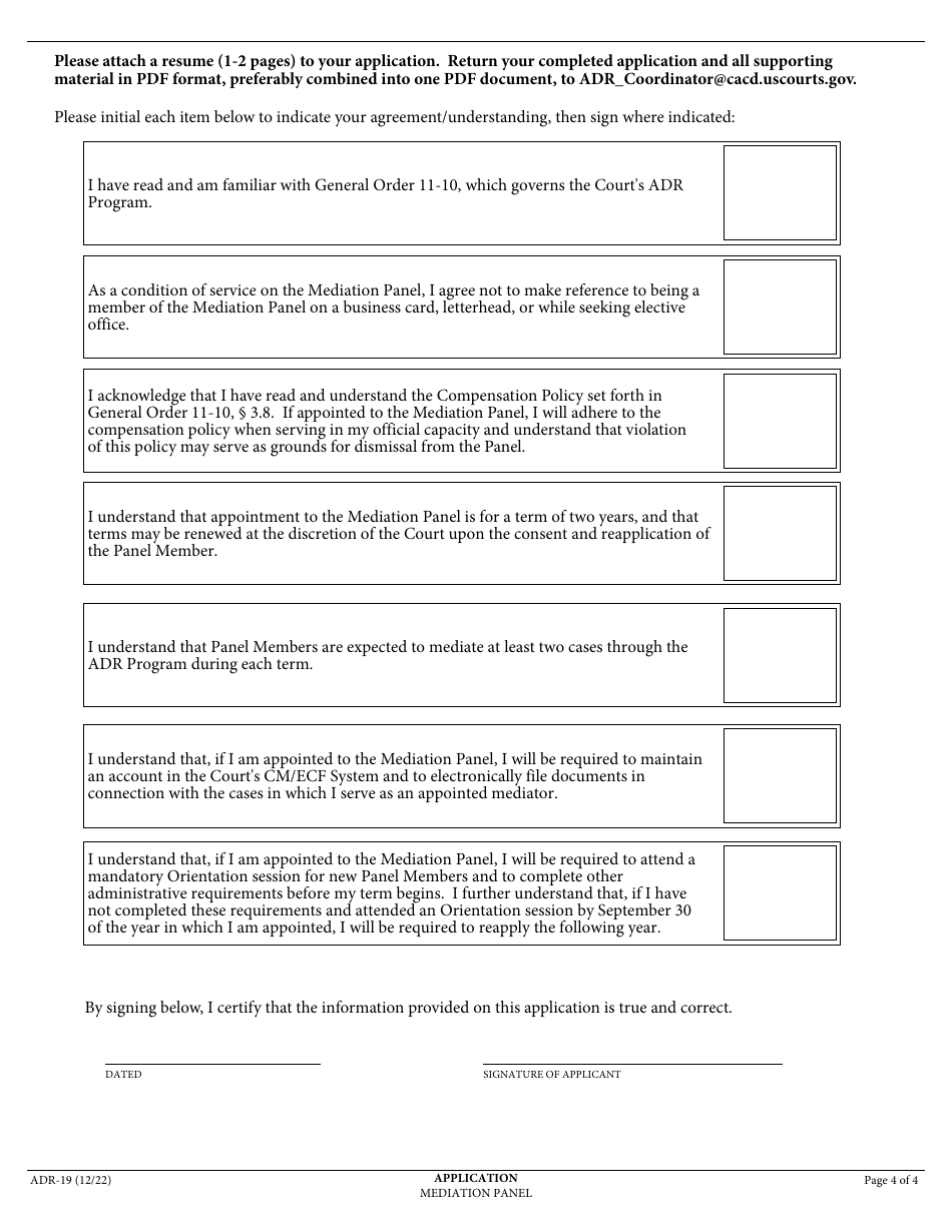 Form ADR-19 Mediation Panel Application Form - California, Page 4