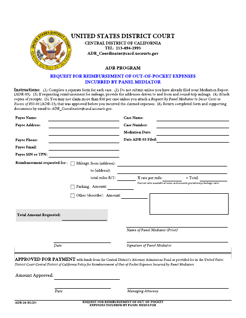 Form ADR-24 Request for Reimbursement of out-Of-Pocket Expenses Incurred by Panel Mediator - Adr Program - California