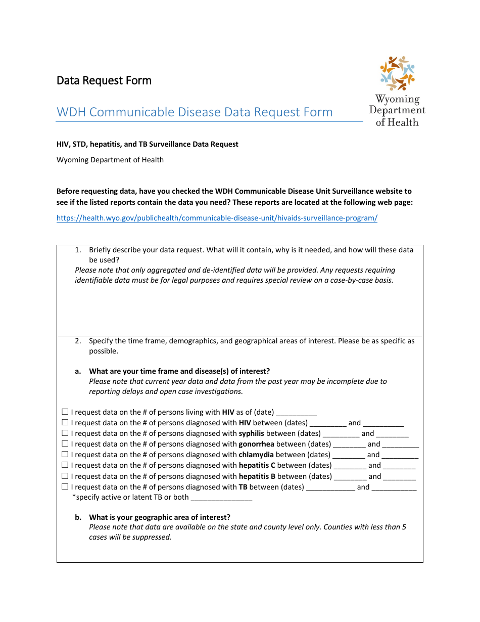 Wdh Communicable Disease Data Request Form - Wyoming, Page 1