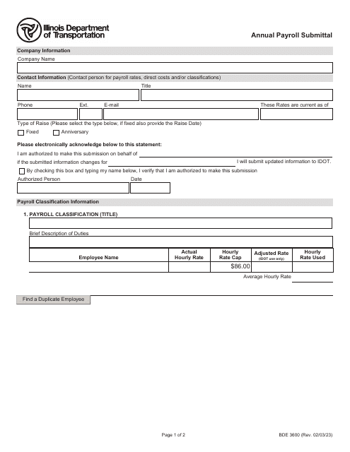 Form BDE3600 Annual Payroll Submittal - Illinois