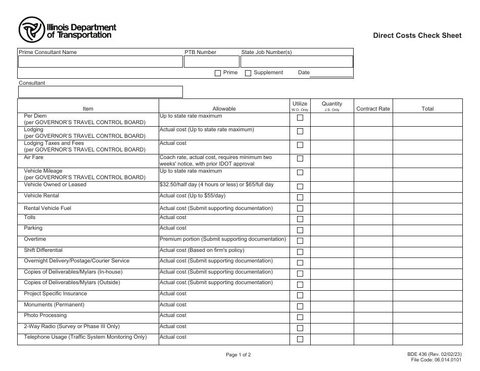 Form BDE436 Direct Costs Check Sheet - Illinois, Page 1