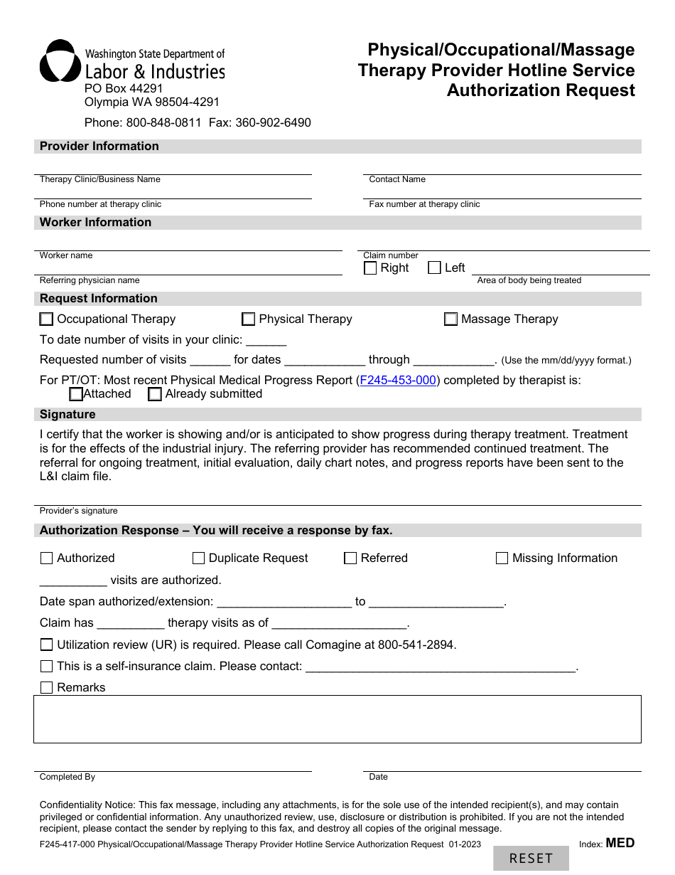 Form F245-417-000 Physical / Occupational / Massage Therapy Provider Hotline Service Authorization Request - Washington, Page 1