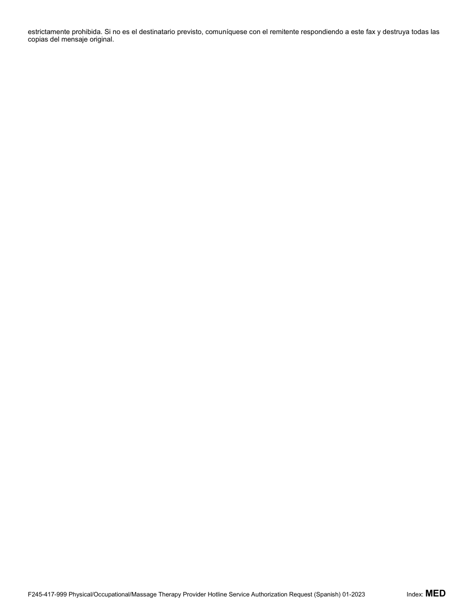 Formulario F245-417-999 Solicitud De Autorizacion De Servicio Para El Centro De Atencion Para Proveedores De Terapia Fisica U Ocupacional, O De Masajes - Washington (Spanish), Page 2