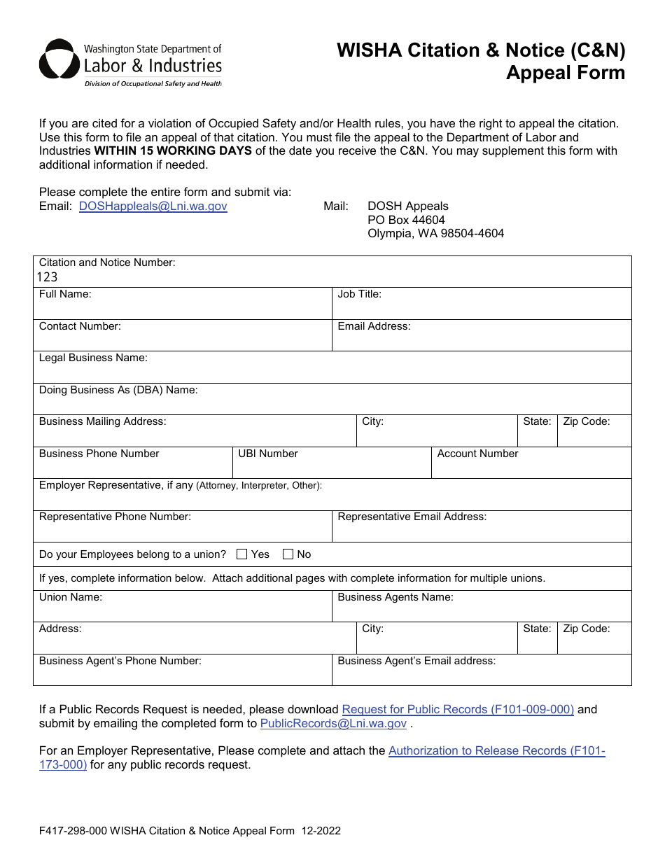 Form F417-298-000 Wisha Citation  Notice (Cn) Appeal Form - Washington, Page 1