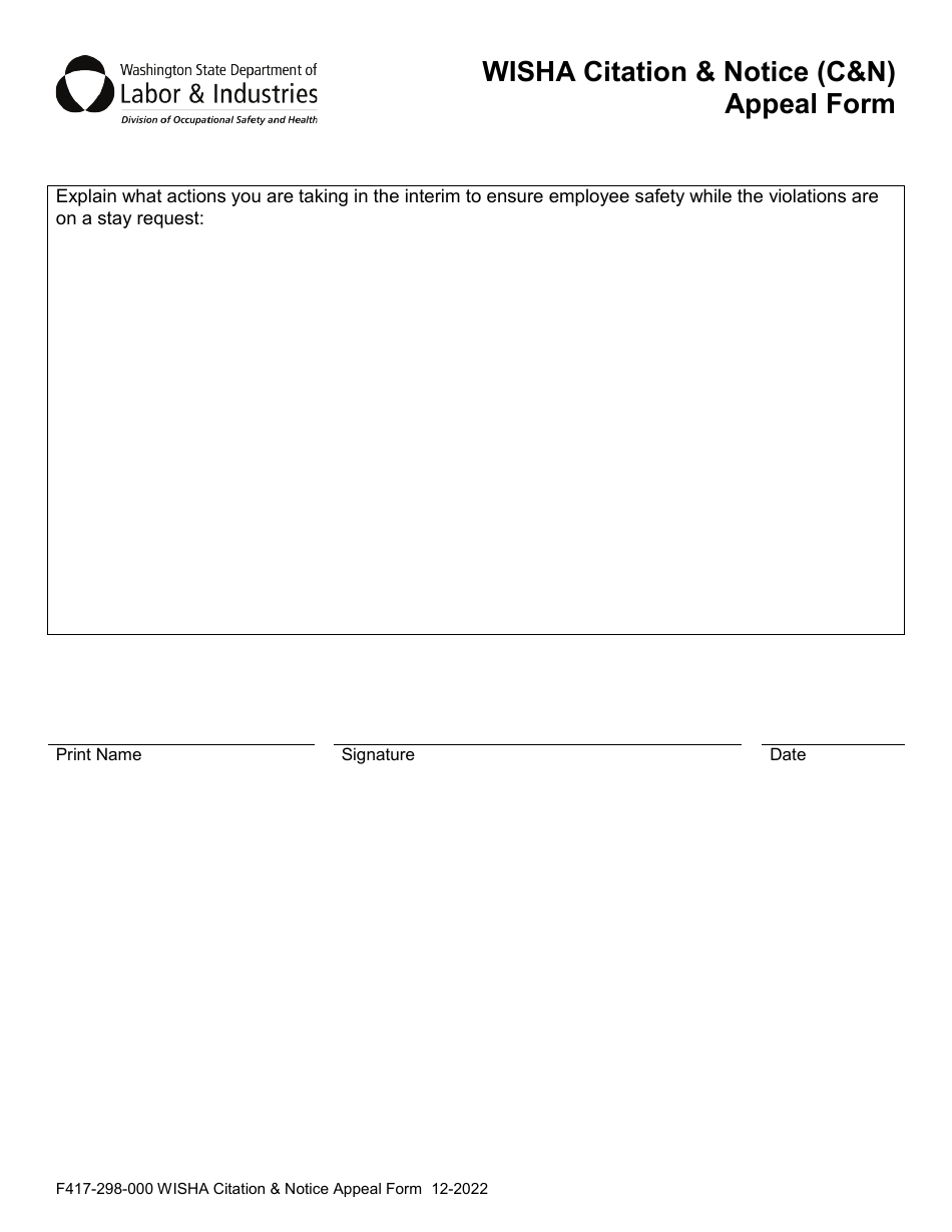 Form F417-298-000 Wisha Citation  Notice (Cn) Appeal Form - Washington, Page 3