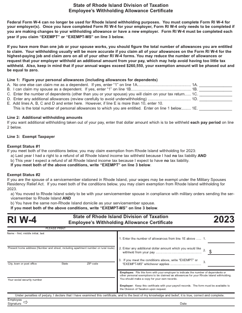 Form RI W-4 Employee's Withholding Allowance Certificate - Rhode Island, 2023