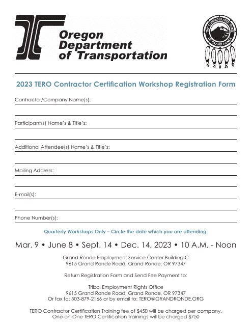 TERO Contractor Certification Workshop Registration Form - Oregon, 2023