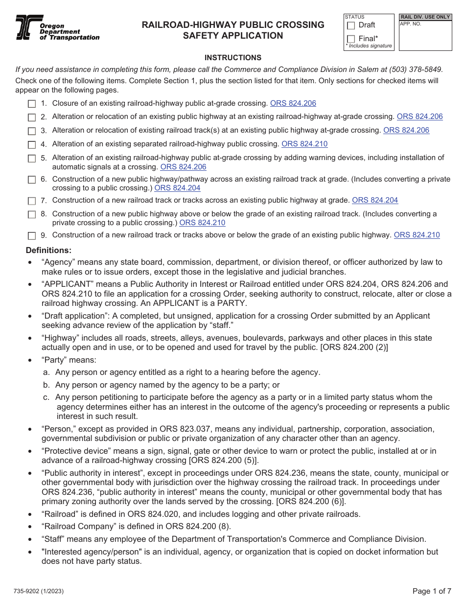 Form 735-9202 Railroad-Highway Public Crossing Safety Application - Oregon, Page 1