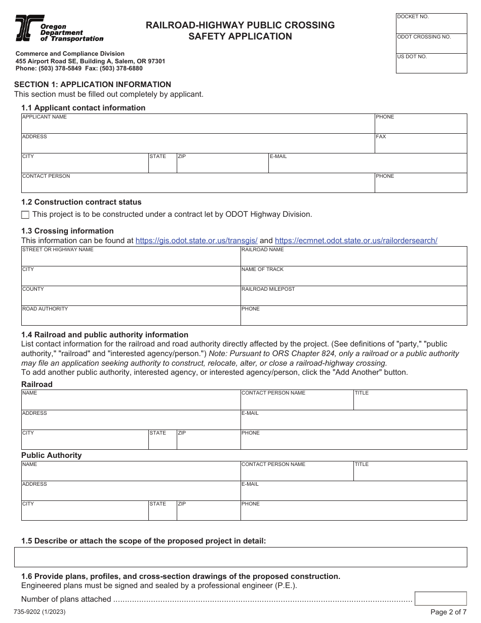 Form 735-9202 Railroad-Highway Public Crossing Safety Application - Oregon, Page 2