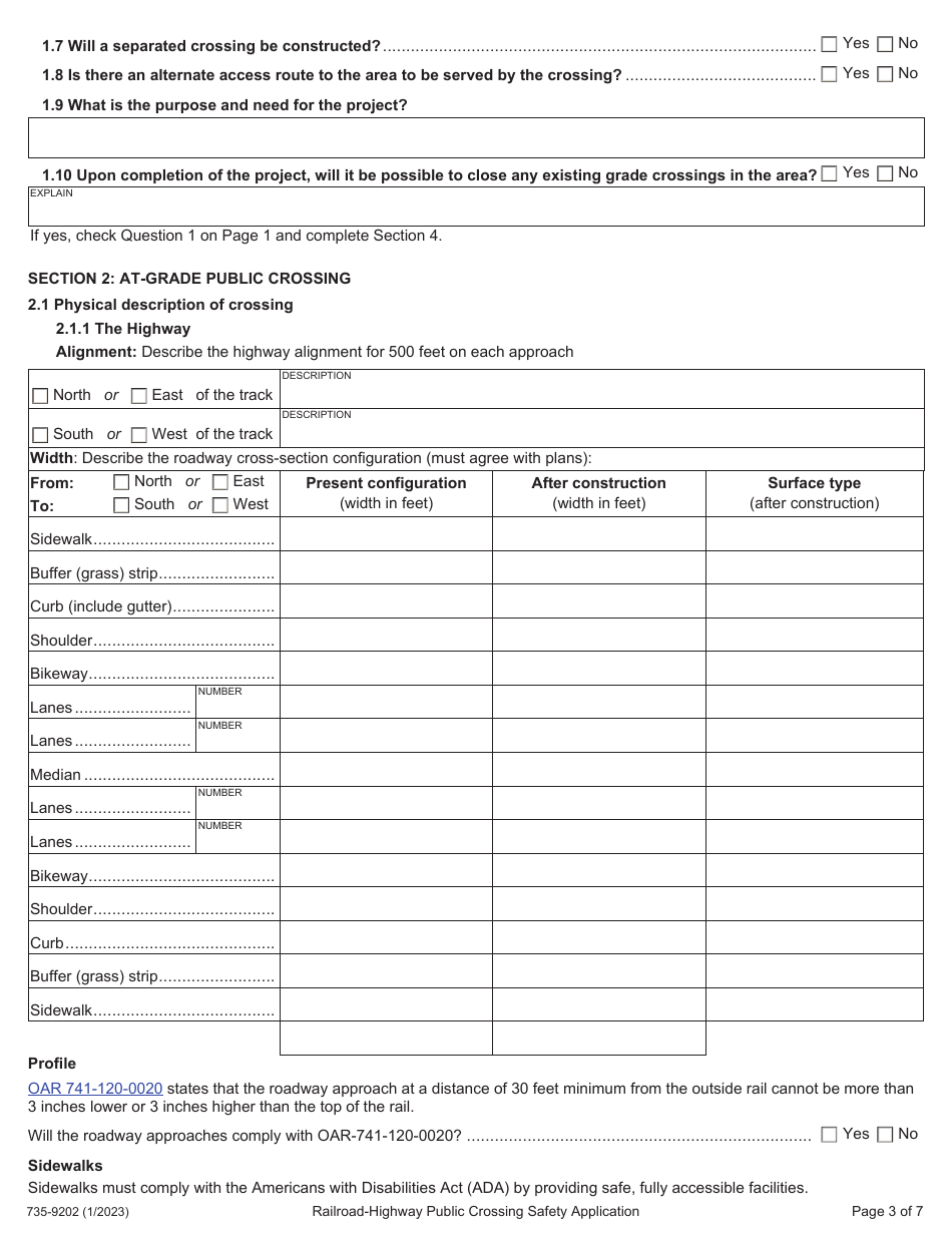 Form 735-9202 Railroad-Highway Public Crossing Safety Application - Oregon, Page 3