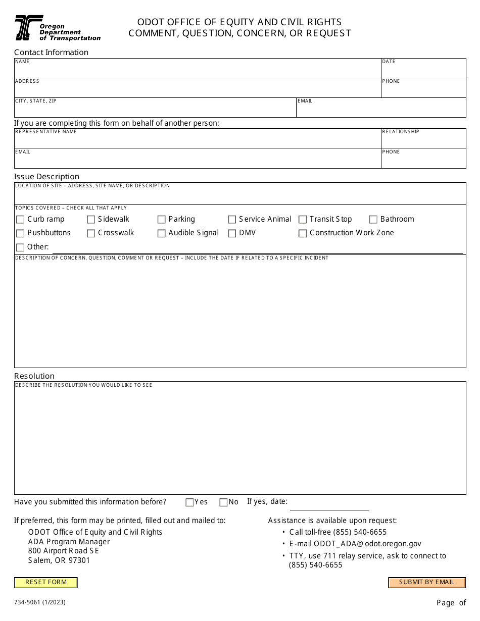 Form 734-5061 Comment, Question, Concern, or Request - Oregon, Page 1