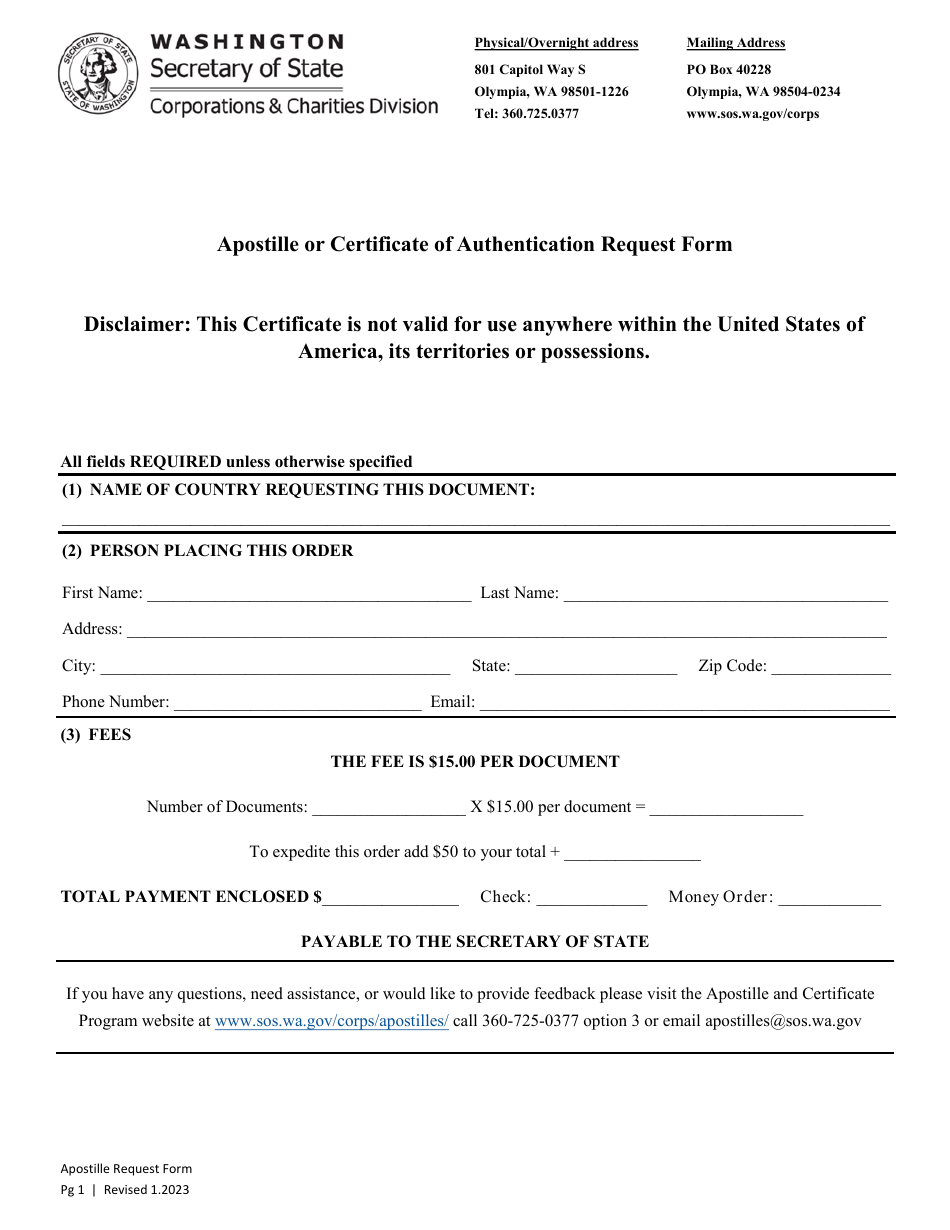 Washington Apostille Or Certificate Of Authentication Request Form 