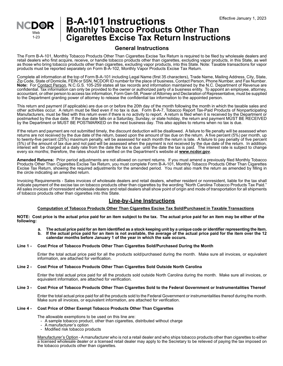 Download Instructions for Form BA101 Monthly Tobacco Products Other