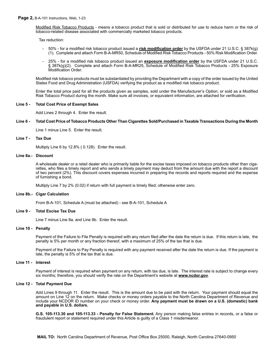Instructions for Form B-A-101 Monthly Tobacco Products Other Than Cigarettes Excise Tax Return - North Carolina, Page 2