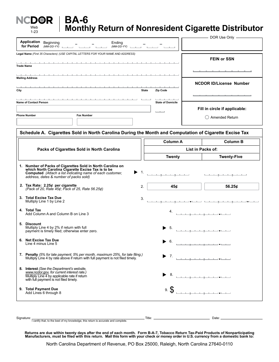 Form BA-6 Monthly Return of Nonresident Cigarette Distributor - North Carolina, Page 2