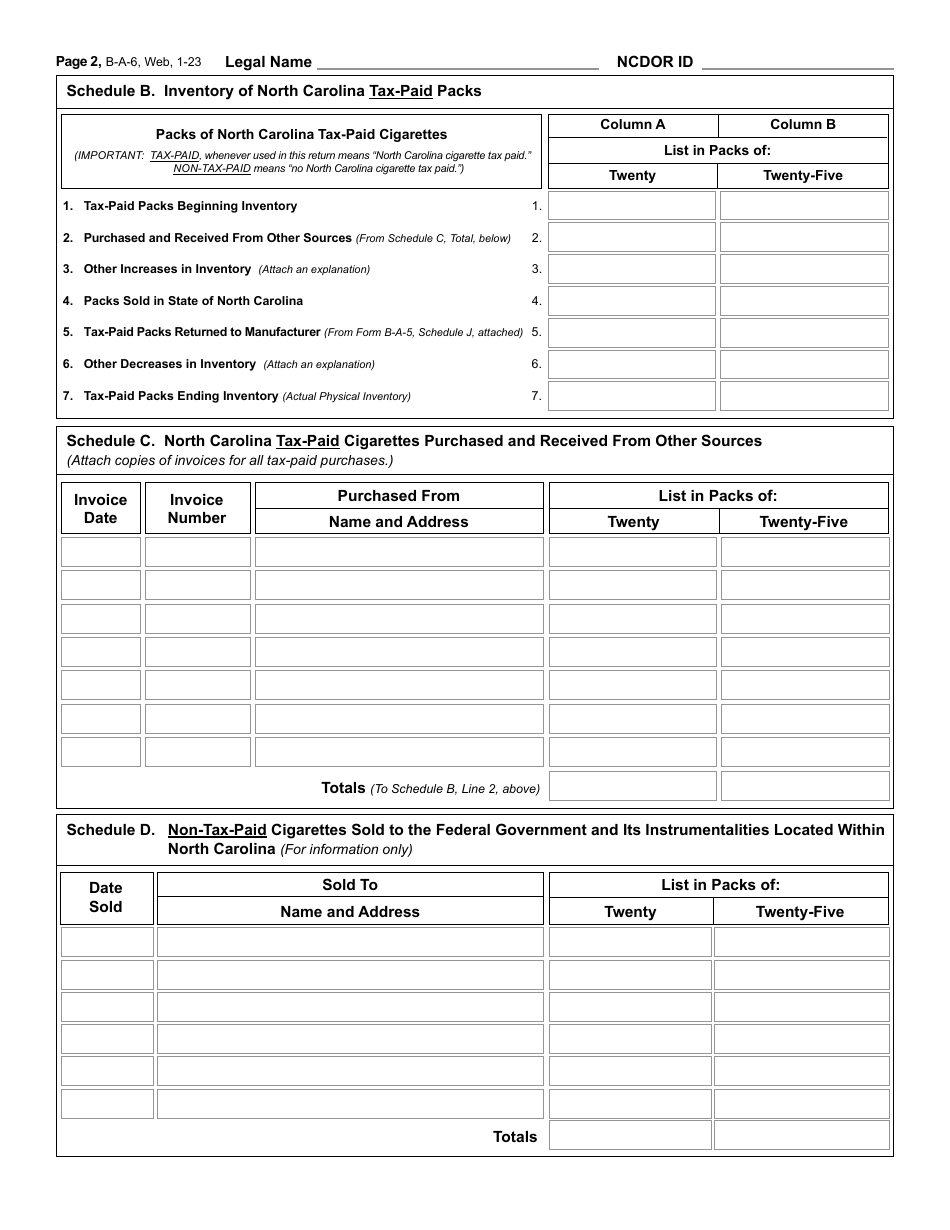 Form BA-6 Monthly Return of Nonresident Cigarette Distributor - North Carolina, Page 3