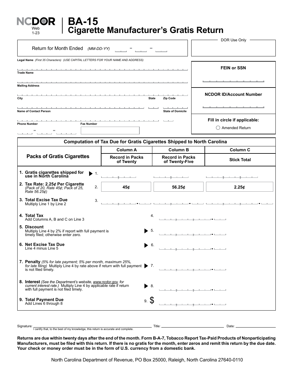 Form BA-15 Cigarette Manufacturers Gratis Return - North Carolina, Page 2