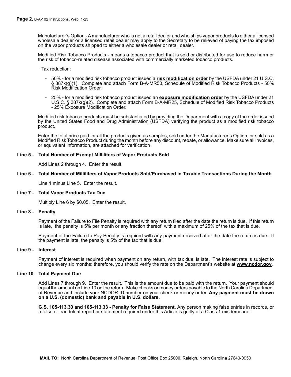 Instructions for Form B-A-102 Monthly Vapor Products Excise Tax Return - North Carolina, Page 2