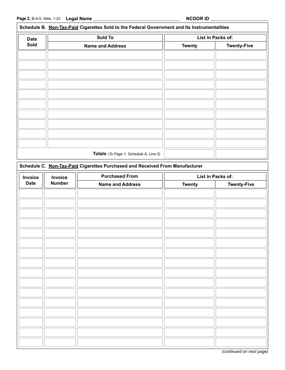 Form BA-5 Monthly Return of Resident Cigarette Distributor - North Carolina, Page 3