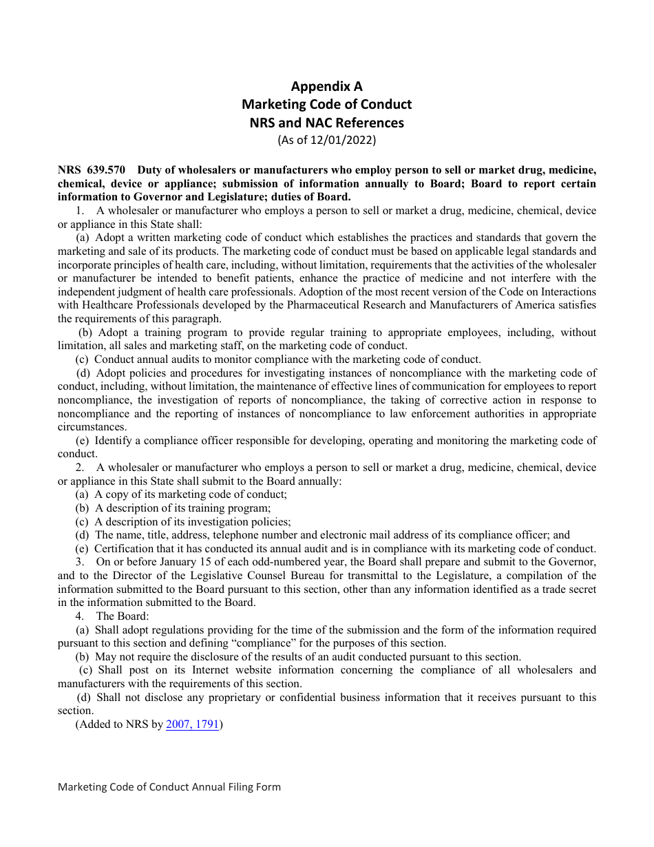 Marketing Code of Conduct Annual Filing Form - Nevada, Page 5