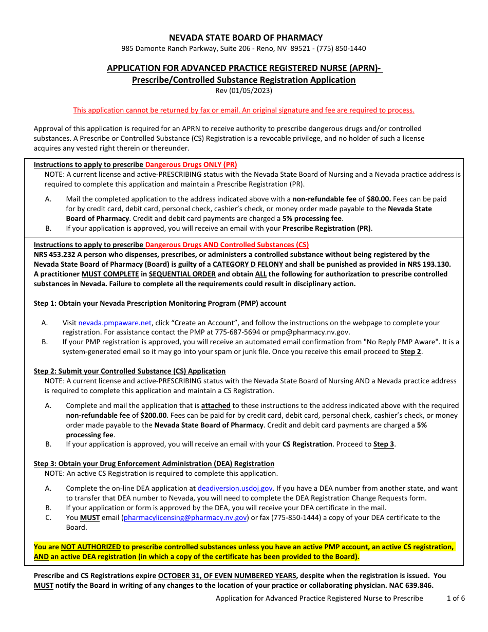 Application for Advanced Practice Registered Nurse (Aprn) - Prescribe / Controlled Substance Registration Application - Nevada, Page 1