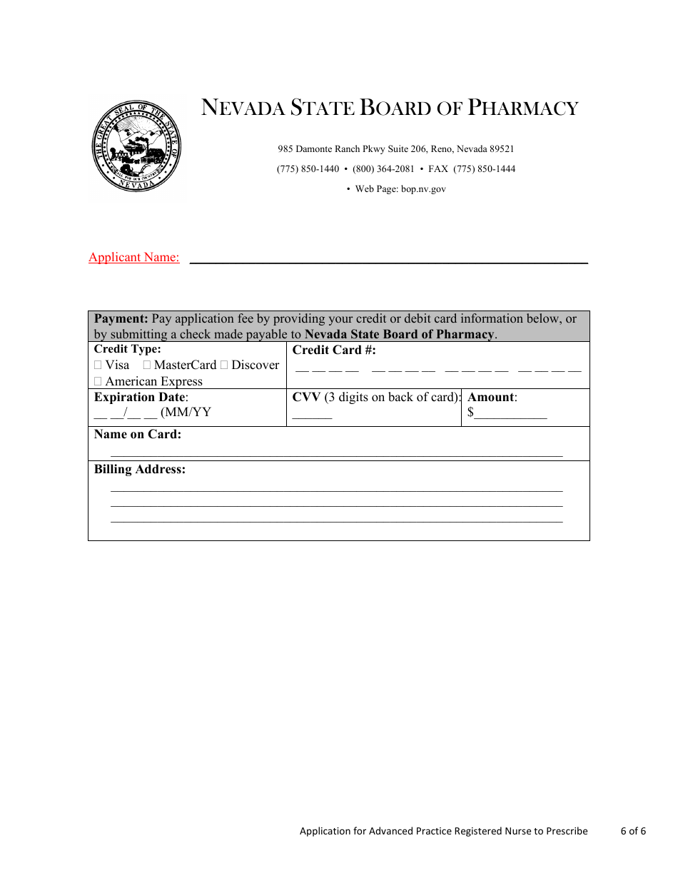 Nevada Application for Advanced Practice Registered Nurse (Aprn