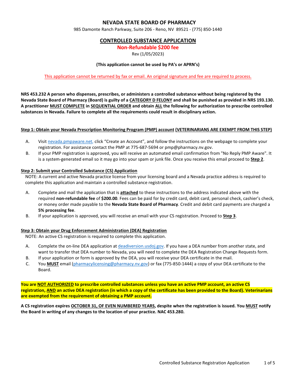 Controlled Substance Application - Nevada, Page 1