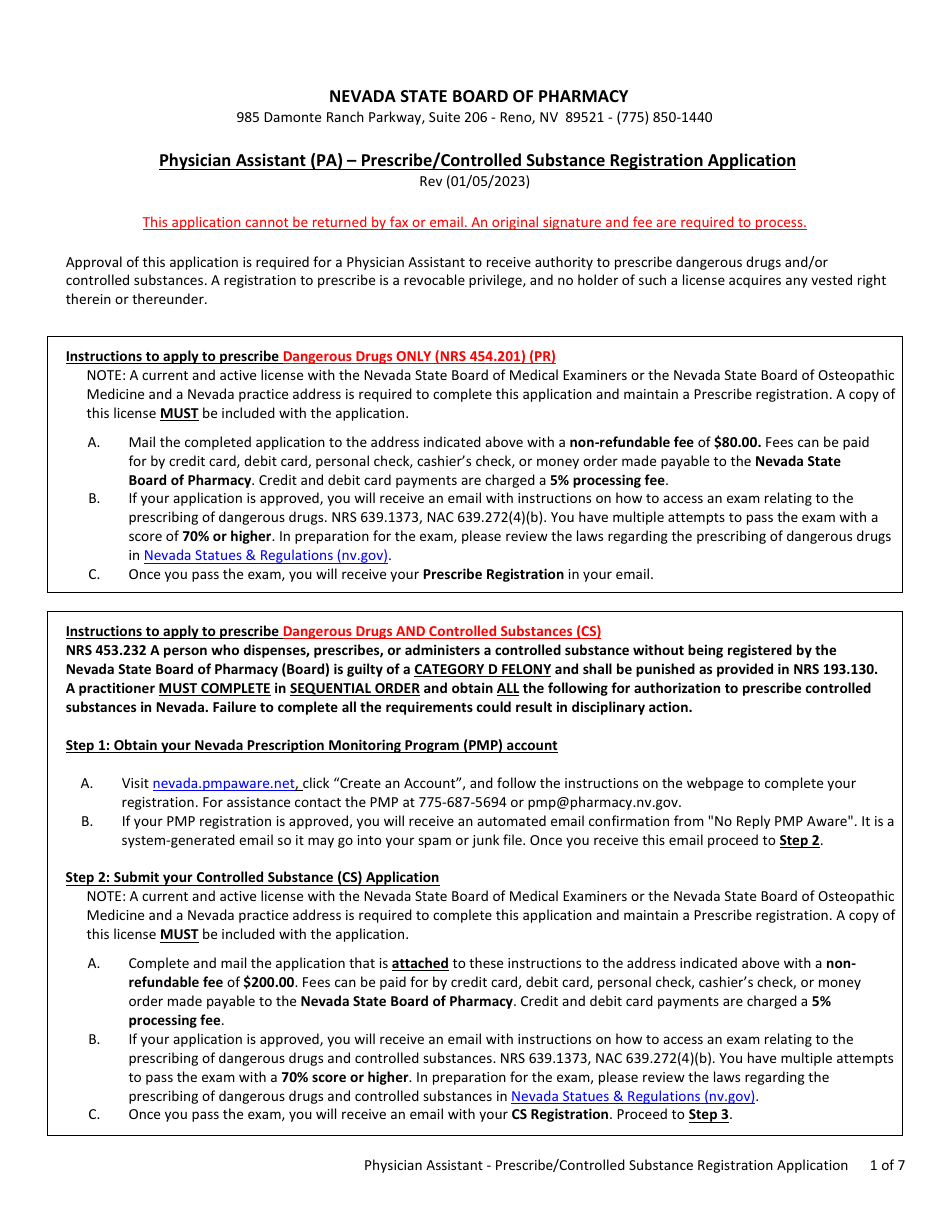 Physician Assistant (Pa) - Prescribe / Controlled Substance Registration Application - Nevada, Page 1