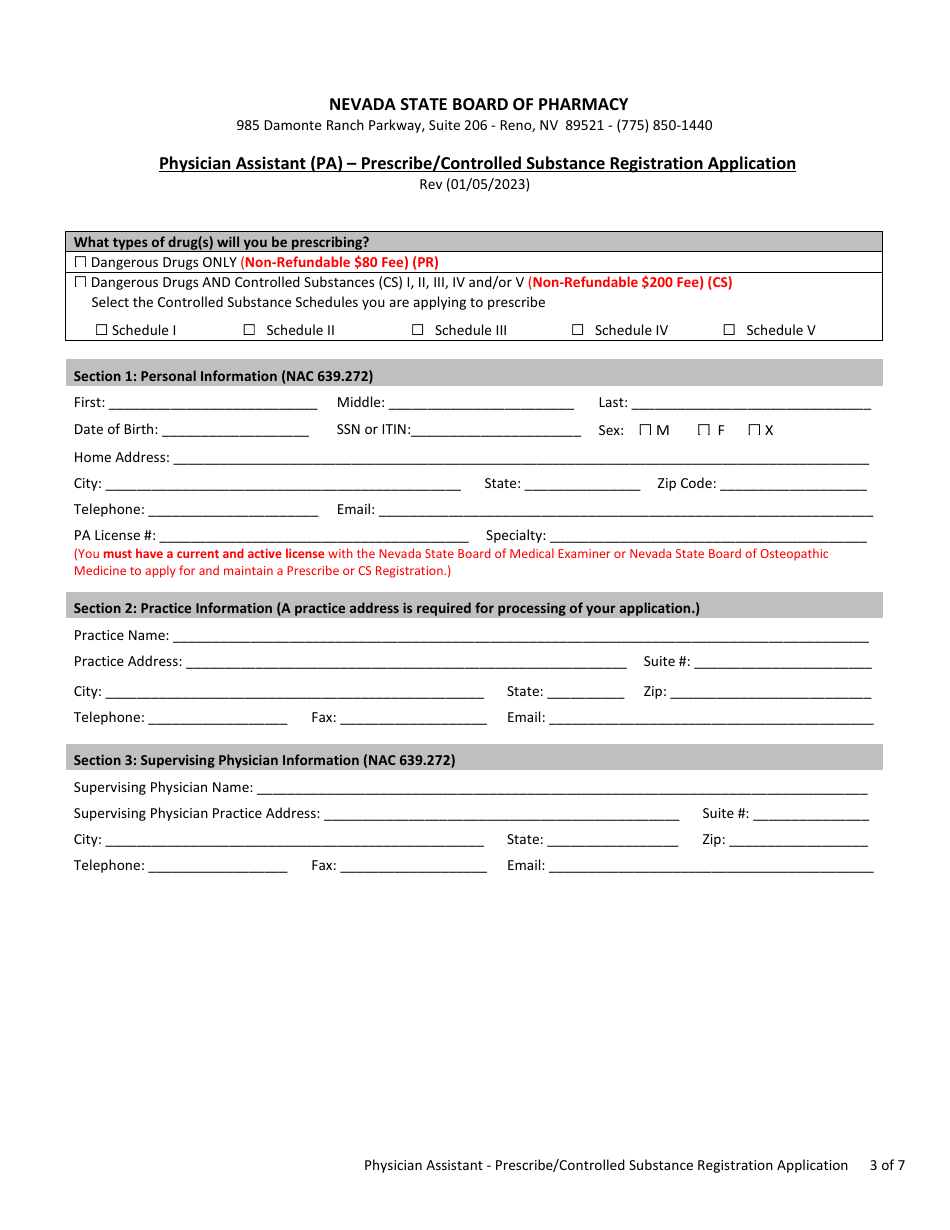 Physician Assistant (Pa) - Prescribe / Controlled Substance Registration Application - Nevada, Page 3