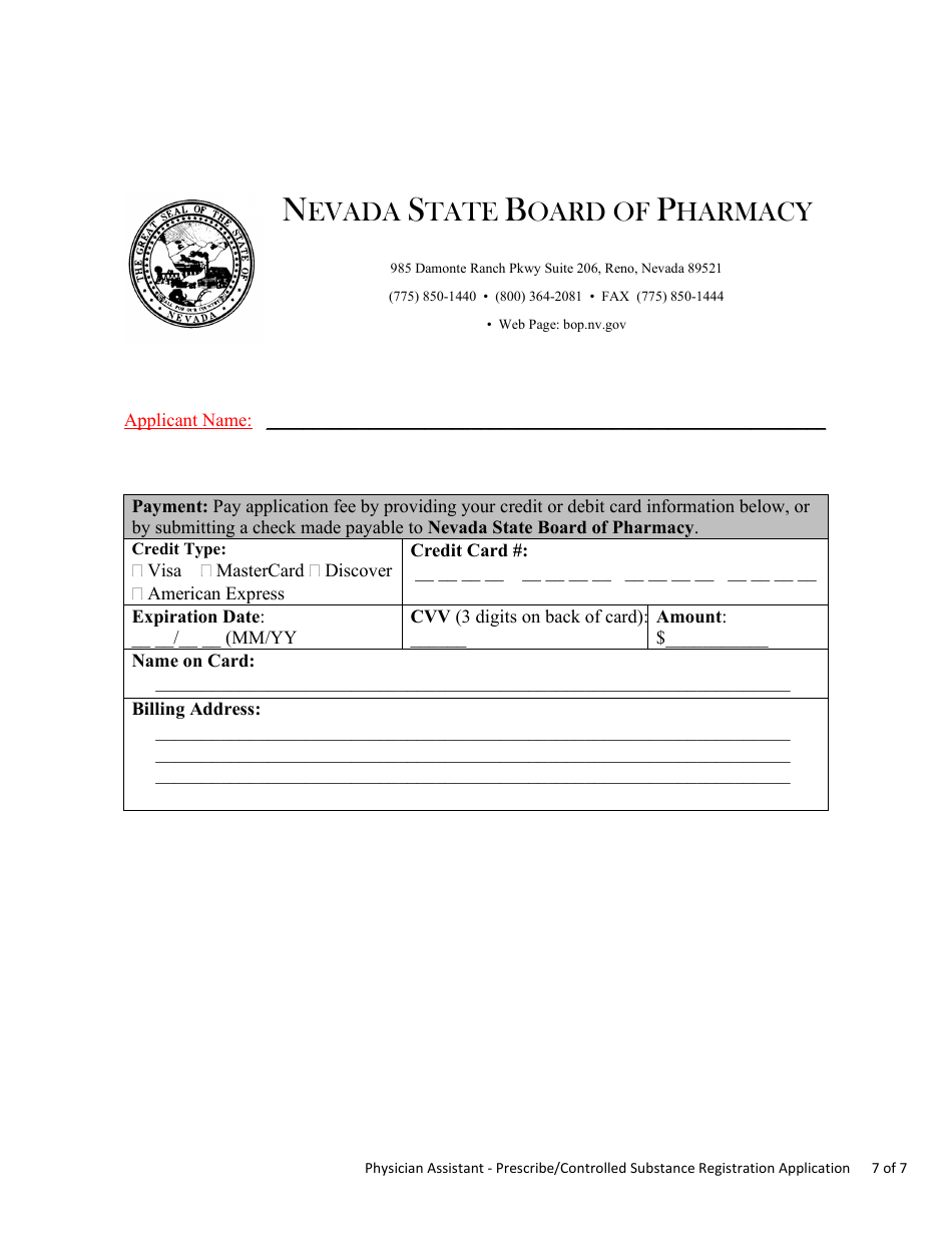 Nevada Physician Assistant (Pa) Prescribe/Controlled Substance