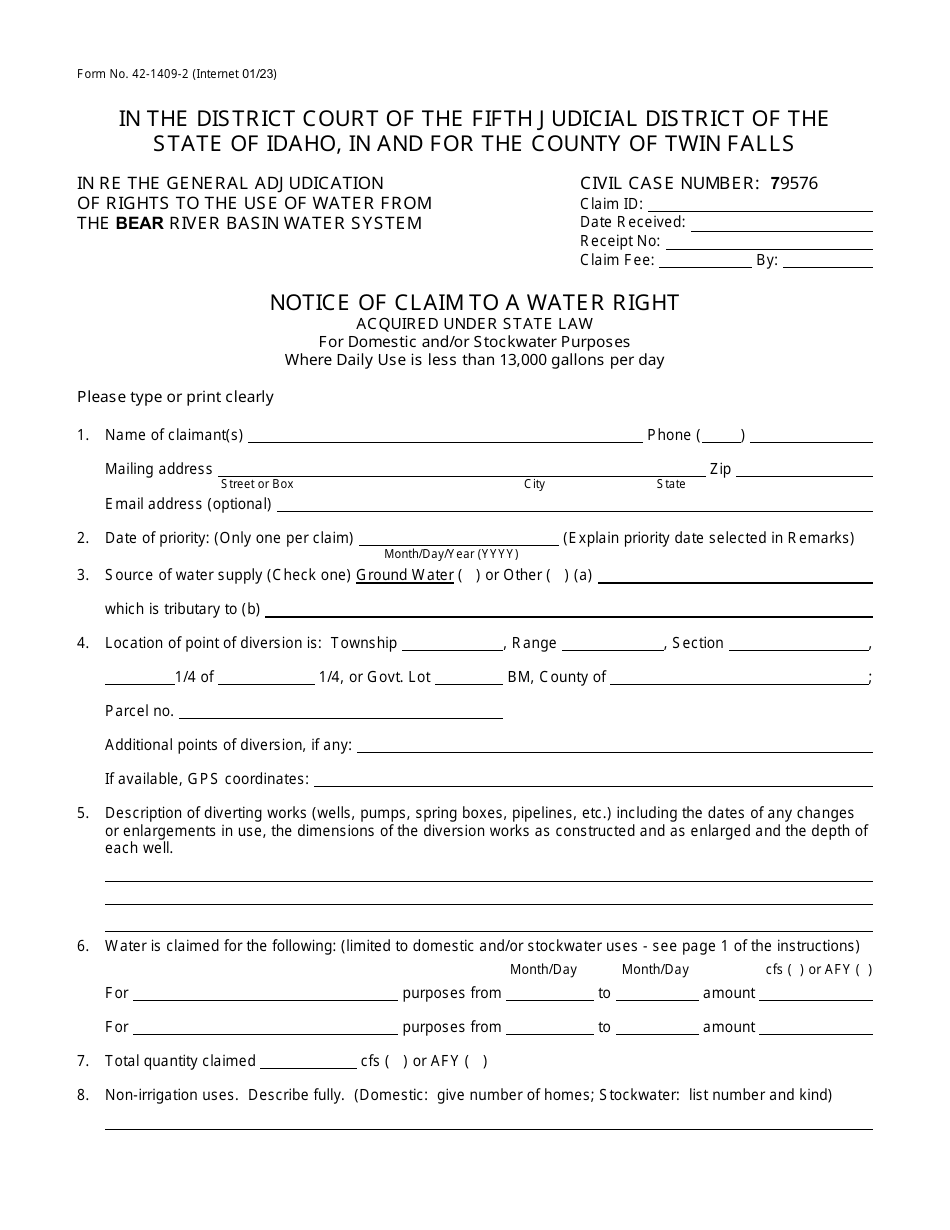 Form 42-1409-2 Notice of Claim to a Water Right Acquired Under State Law for Domestic and / or Stockwater Purposes Where Daily Use Is Less Than 13,000 Gallons Per Day - Idaho, Page 1