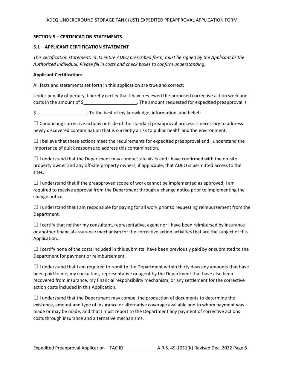 Ust Program Expedited Preapproval Application Under Arizona Revised Statutes (A.r.s.) 49-1051(K) - Arizona, Page 6