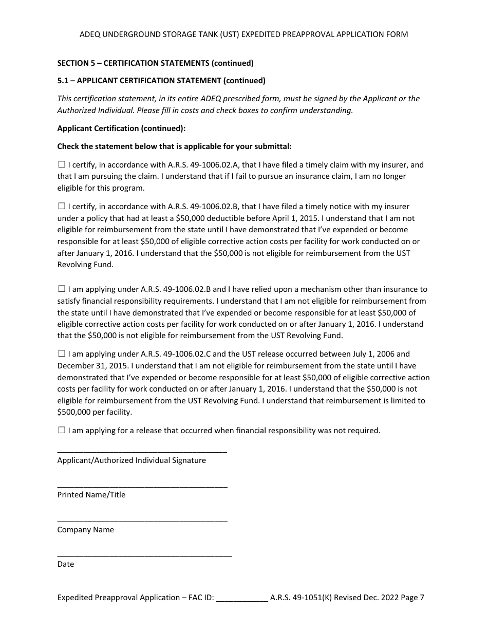 Ust Program Expedited Preapproval Application Under Arizona Revised Statutes (A.r.s.) 49-1051(K) - Arizona, Page 7