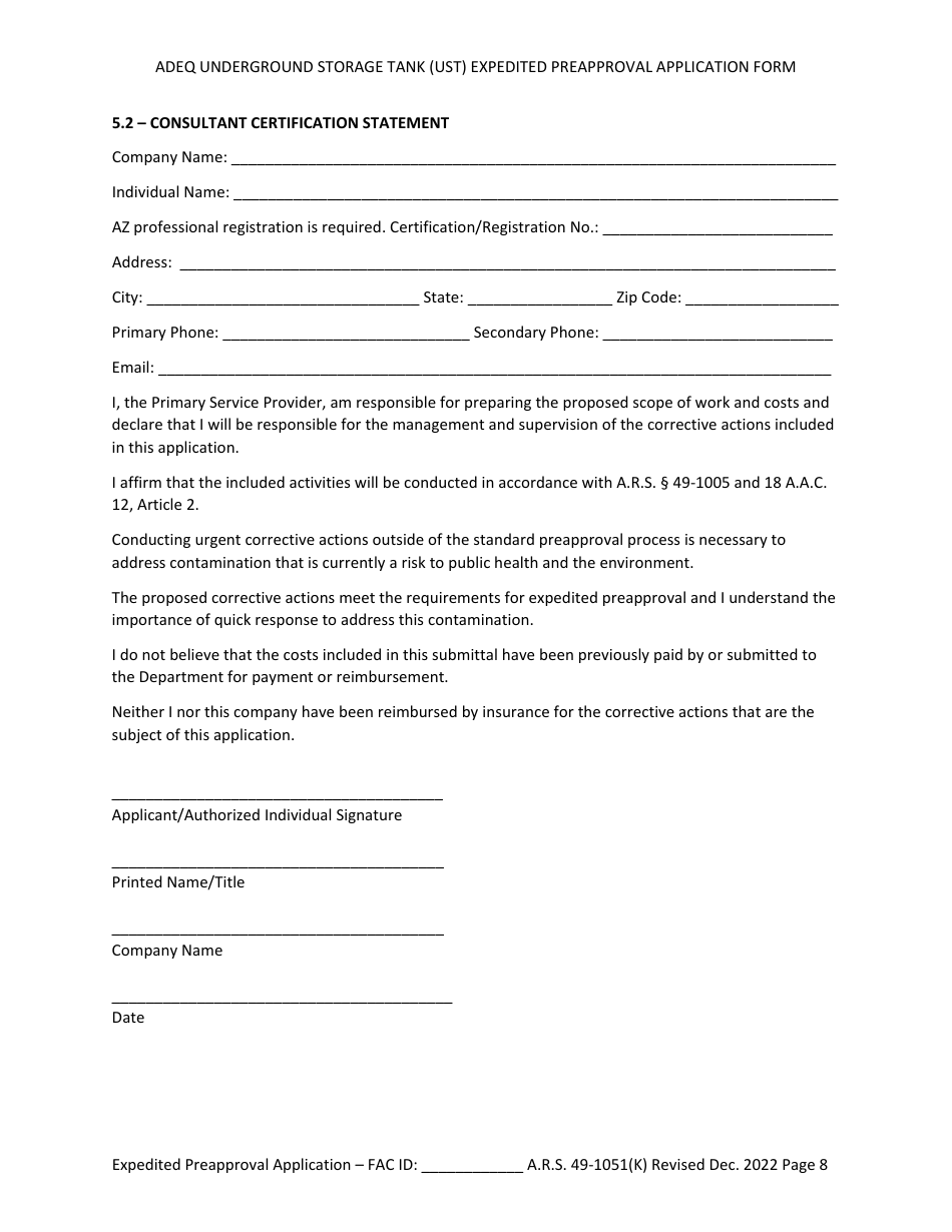 Ust Program Expedited Preapproval Application Under Arizona Revised Statutes (A.r.s.) 49-1051(K) - Arizona, Page 8