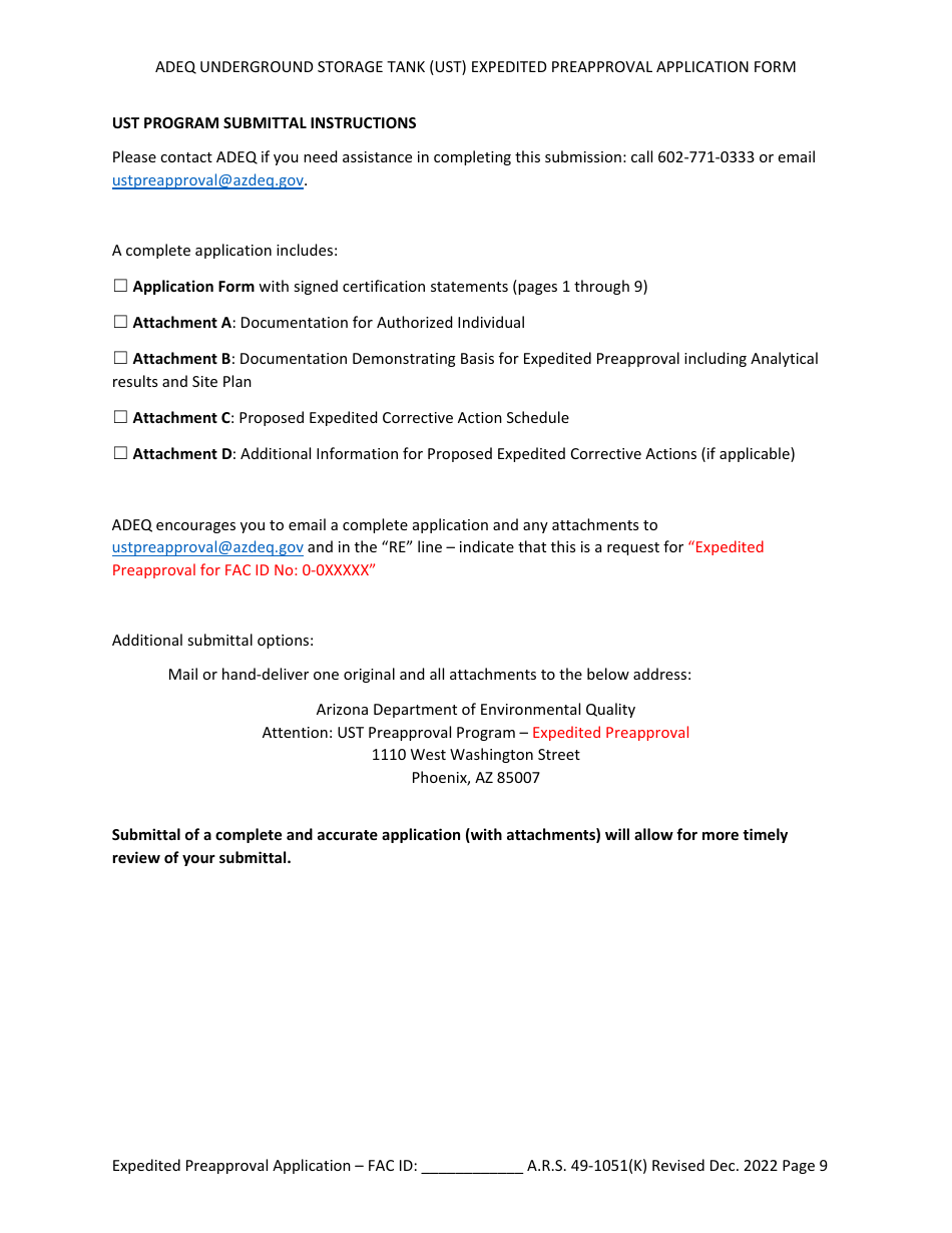 Ust Program Expedited Preapproval Application Under Arizona Revised Statutes (A.r.s.) 49-1051(K) - Arizona, Page 9