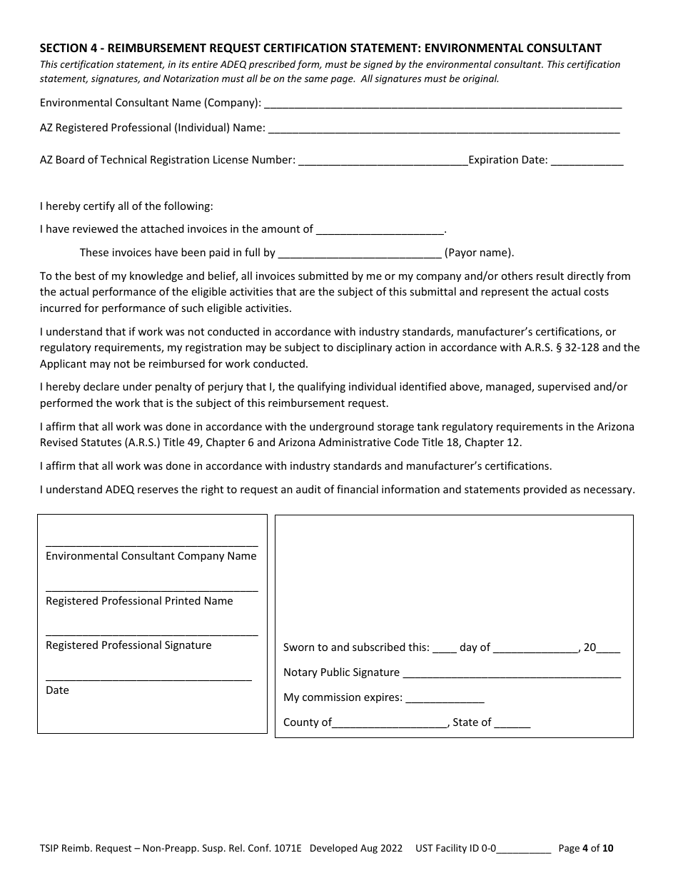 Reimbursement Request Form for Non-preapproved Suspected Release Confirmation - Underground Storage Tank (Ust) Tank Site Improvement Program (Tsip) - Arizona, Page 4