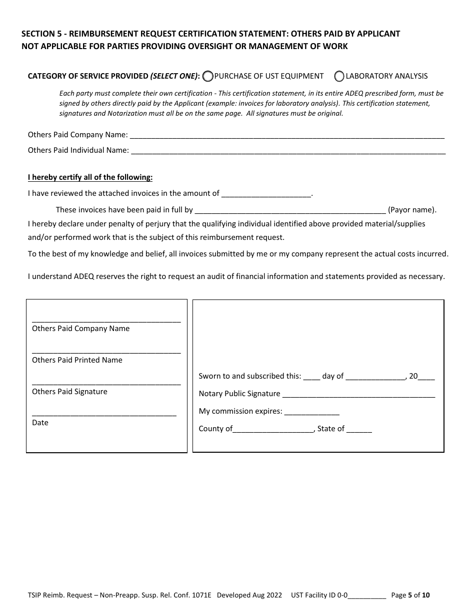 Reimbursement Request Form for Non-preapproved Suspected Release Confirmation - Underground Storage Tank (Ust) Tank Site Improvement Program (Tsip) - Arizona, Page 5