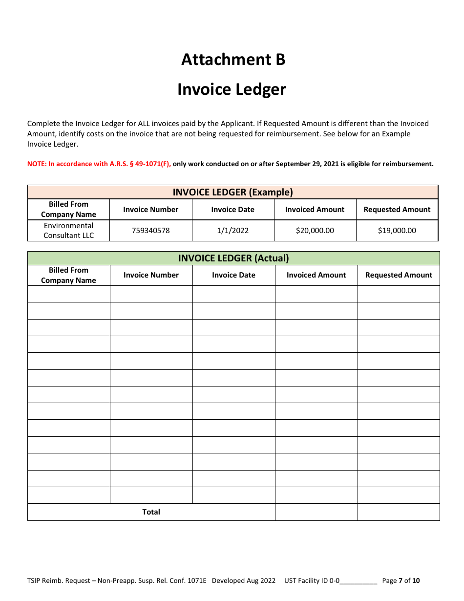 Reimbursement Request Form for Non-preapproved Suspected Release Confirmation - Underground Storage Tank (Ust) Tank Site Improvement Program (Tsip) - Arizona, Page 7