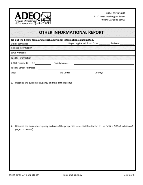 Form UST Site Characterization/Other Informational Report - Arizona