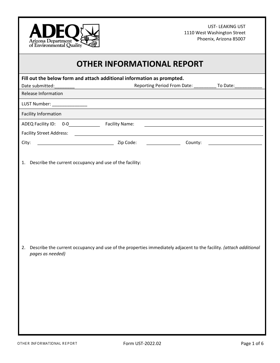 Form UST Site Characterization / Other Informational Report - Arizona, Page 1
