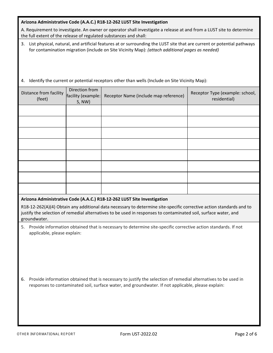 Form UST Site Characterization / Other Informational Report - Arizona, Page 2