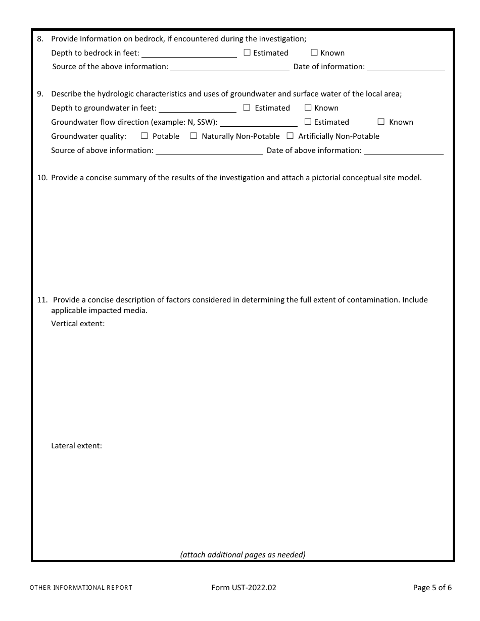 Form UST Site Characterization / Other Informational Report - Arizona, Page 5