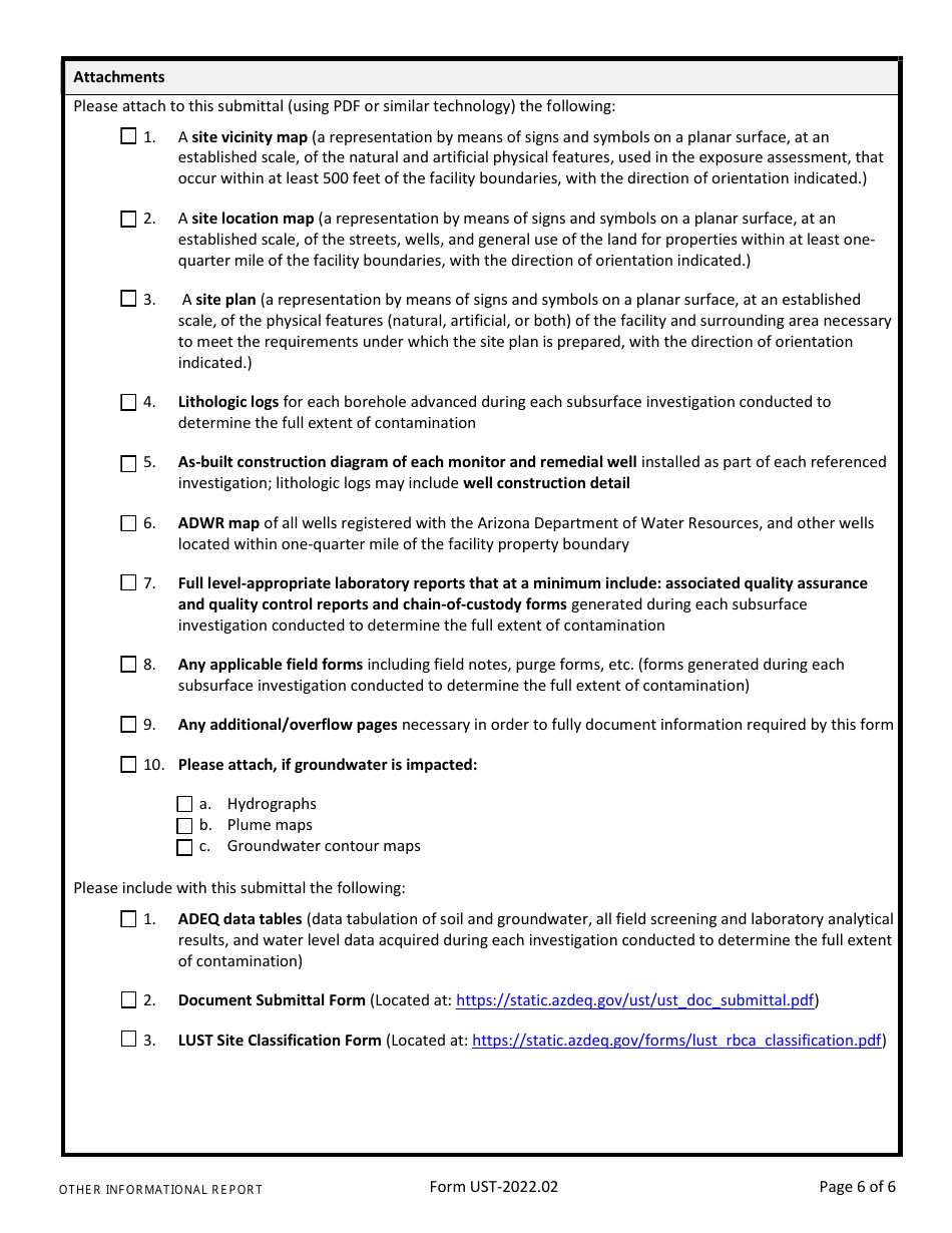 Form UST Site Characterization / Other Informational Report - Arizona, Page 6
