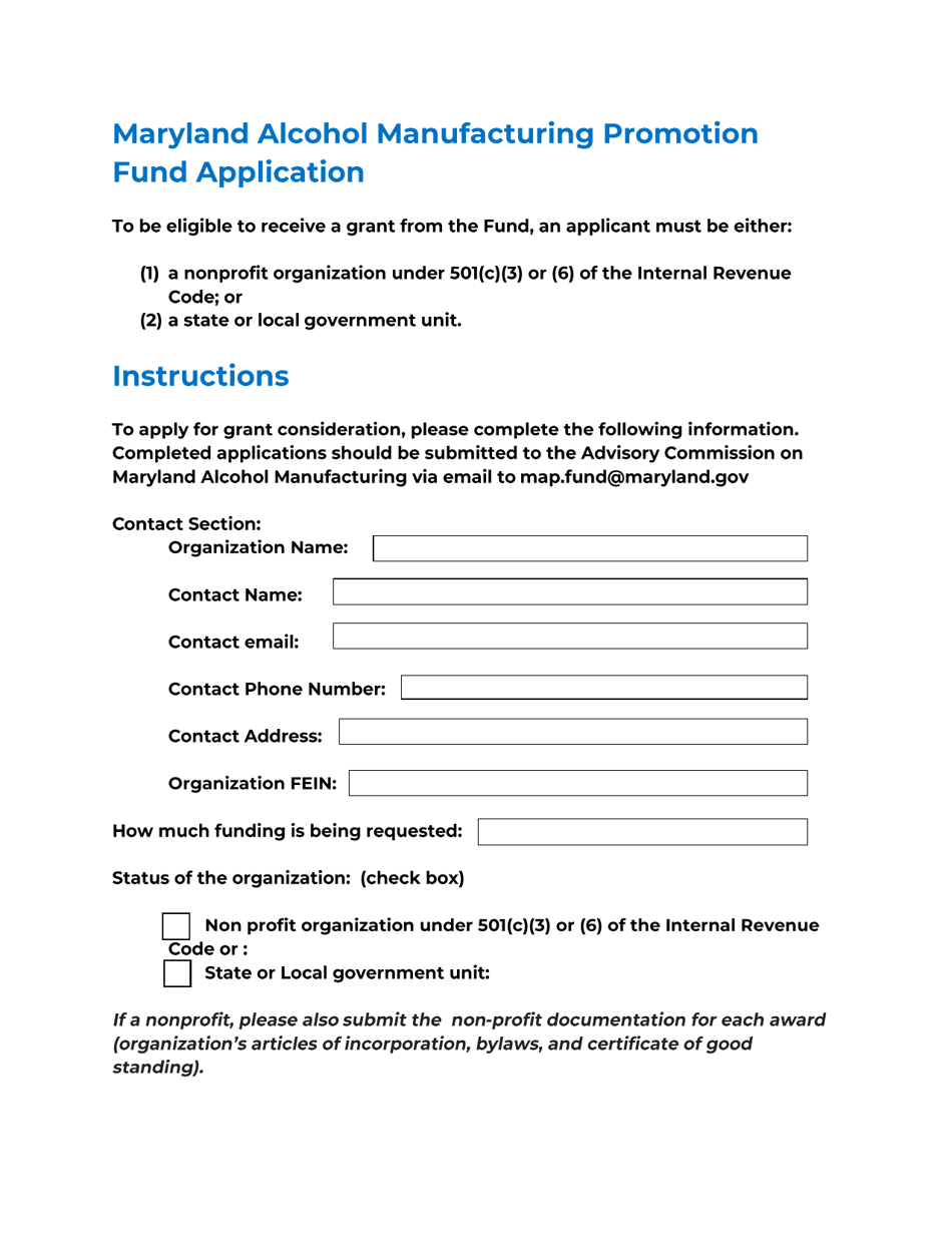 Maryland Alcohol Manufacturing Promotion Fund Application - Maryland, Page 1